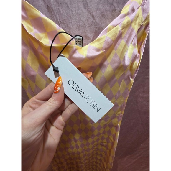 Olivia Rubin Silk Aubrey Harlequin Diamond Satin Slip Midi Dress Pink Yellow 0 - Picture 5 of 7